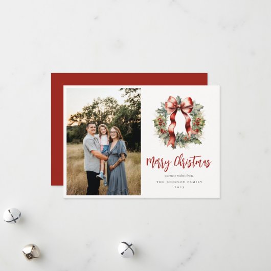 Kerstmis Holly krans foto Feestdagenkaart (Voorkant / Achterkant in situ)