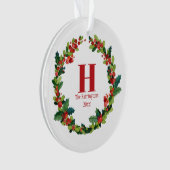 Kerstmis Holly krans gepersonaliseerd monogram Ornament (voorkant)