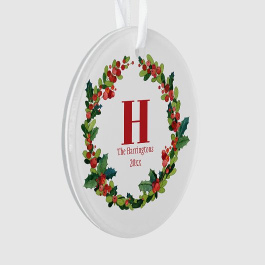 Kerstmis Holly krans gepersonaliseerd monogram Ornament (voorkant)