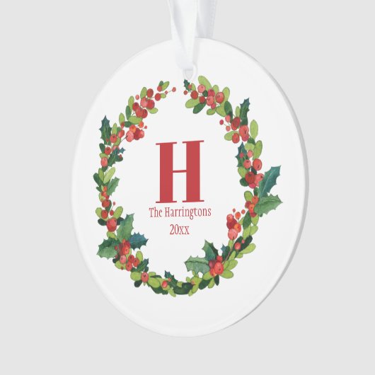 Kerstmis Holly krans gepersonaliseerd monogram Ornament (voorkant)