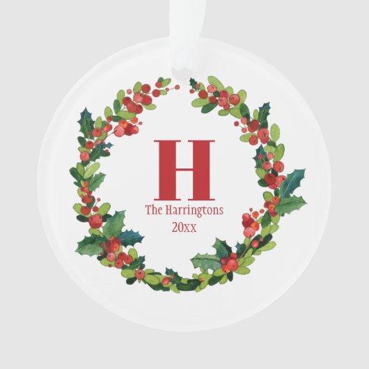 Kerstmis Holly krans gepersonaliseerd monogram Ornament (voorkant)