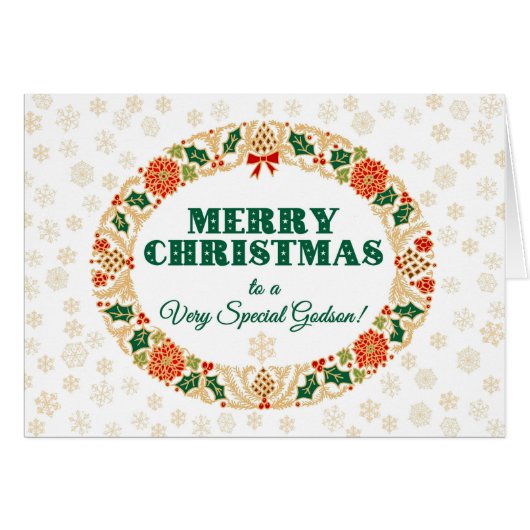 Kerstmis Holly krans, voor Godson Sneeuwvlokken (Voorkant Horizontaal)