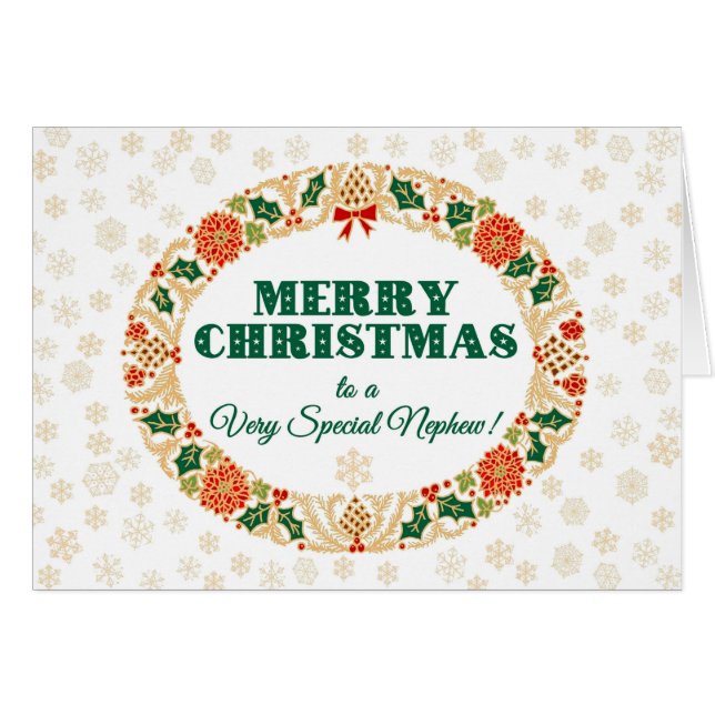 Kerstmis Holly krans, voor neef, sneeuwvlokken (Voorkant Horizontaal)