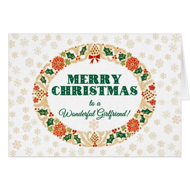 Kerstmis Holly krans, voor Vriendin, Sneeuwvlokken (Voorkant Horizontaal)