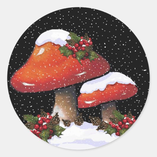 Kerstmis Holly met rode paddenstoelen, sneeuw Ronde Sticker (Voorkant)