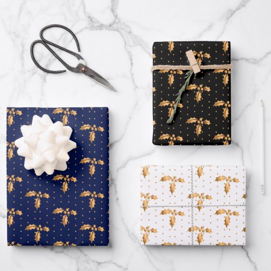 Kerstmis Holly op Navy Blue, Zwart en Wit Inpakpapier Vel (Voorkant)