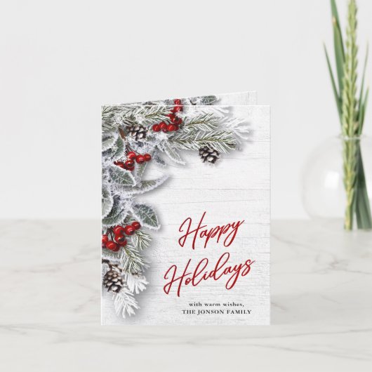 Kerstmis Holly Pine Rustic Holiday Greeting Card Feestdagen Kaart (Voorkant)