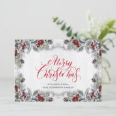 Kerstmis Holly Pine Rustic Holiday Greeting Card Feestdagenkaart (Staand voorkant)