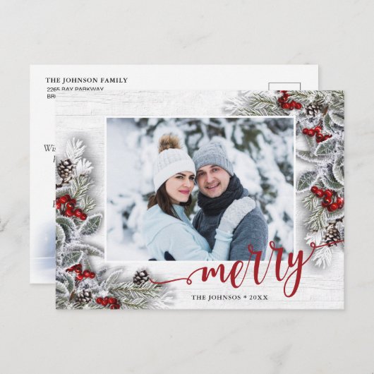 Kerstmis Holly Pine Rustic Photo Holiday Greep Briefkaart (Voorkant / Achterkant)