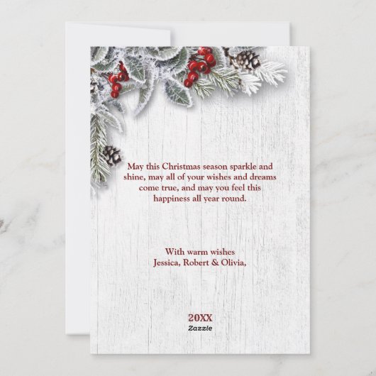 Kerstmis Holly Pine rustieke foto groet Feestdagenkaart (Achterkant)