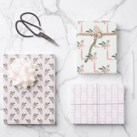 Kerstmis Holly Roze & Groen Inpakpapier Vel (Voorkant)