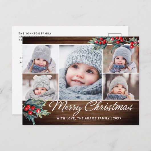 Kerstmis Holly Rustic 5 PHOTO Greeting Holiday Briefkaart (Voorkant / Achterkant)