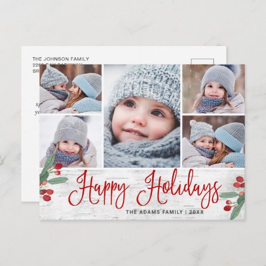 Kerstmis Holly Rustic 5 PHOTO Greeting Holiday Briefkaart (Voorkant / Achterkant)