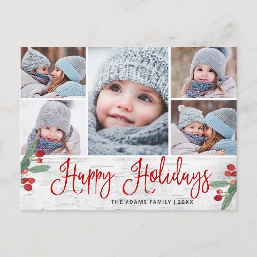 Kerstmis Holly Rustic 5 PHOTO Greeting Holiday Briefkaart (Voorkant)
