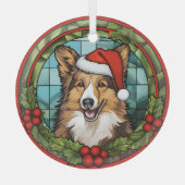 Kerstmis Holly Santa Hat Shetland Sheepdog Glas Ornament (Voorkant)