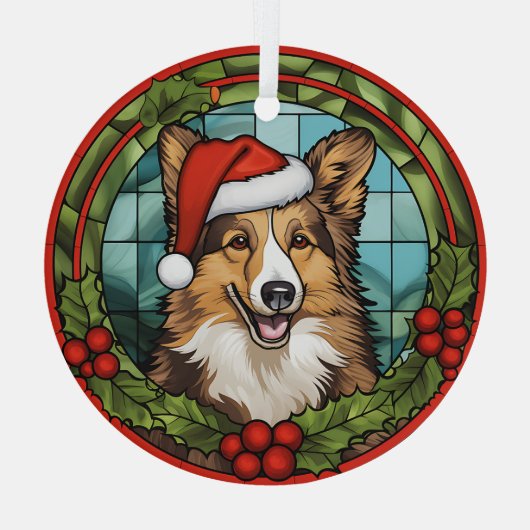 Kerstmis Holly Santa Hat Shetland Sheepdog Glas Ornament (Achterkant)