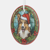 Kerstmis Holly Santa Hat Shetland Sheepdog Glas Ornament (Voorkant links)