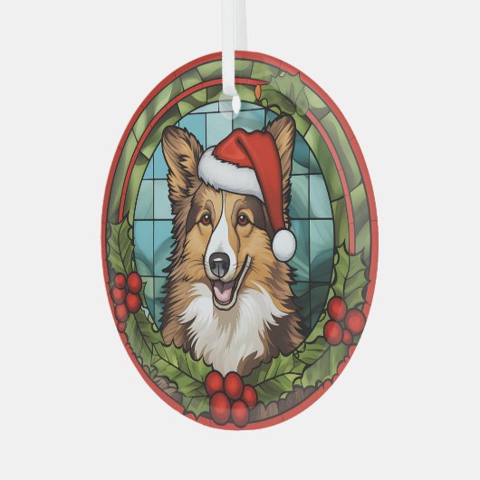 Kerstmis Holly Santa Hat Shetland Sheepdog Glas Ornament (Voorkant links)