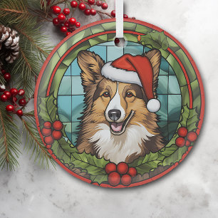 Kerstmis Holly Santa Hat Shetland Sheepdog Glas Ornament