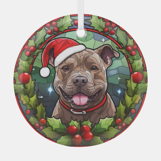 Kerstmis Holly Santa Staffordshire Terrier Hond Glas Ornament (Voorkant)