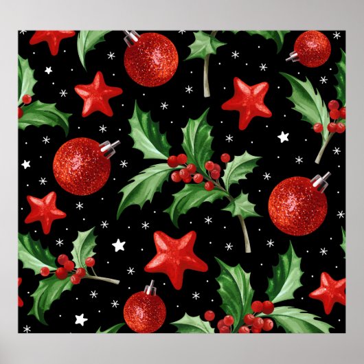Kerstmis Holly Sneeuwsterren Naadloos Poster (Voorkant)