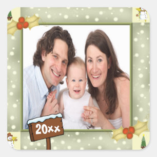 Kerstmis Holly & Snowmen Fotosjabloon Vierkante Sticker