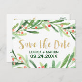 Kerstmis Holly Wreath Save the Date Aankondigingskaart (Voorkant / Achterkant)