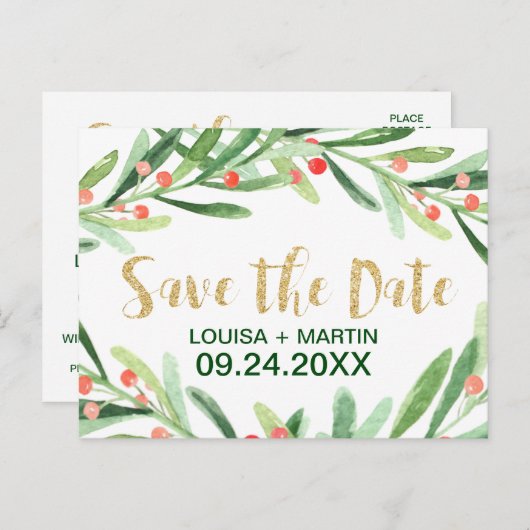 Kerstmis Holly Wreath Save the Date Aankondigingskaart (Voorkant / Achterkant)