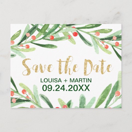 Kerstmis Holly Wreath Save the Date Aankondigingskaart (Voorkant)