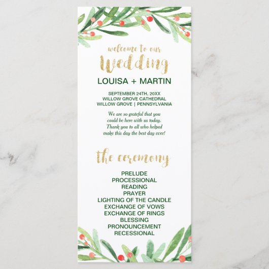 Kerstmis Holly Wreath Wedding Program Programmakaart (Voorkant)