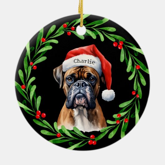 Kerstmis Hond Boxer Santa Hat Vakantie Keramisch Ornament (Achterkant)