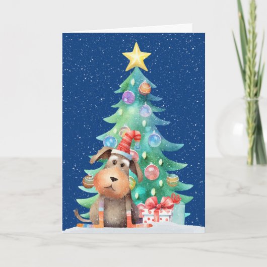 Kerstmis Hond en Boom In Sneeuwvlokken Feestdagen Kaart (Voorkant)