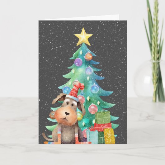Kerstmis Hond en Boom In Sneeuwvlokken Feestdagen Kaart (Voorkant)