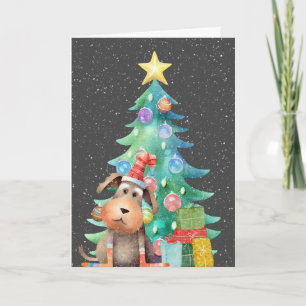Kerstmis Hond en Boom In Sneeuwvlokken Feestdagen Kaart