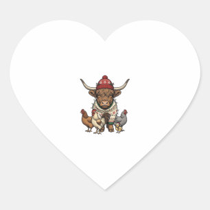 Kerstmis Hoogland Koe en Kippen Vintage Gravure Hart Sticker