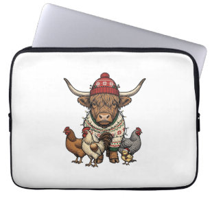 Kerstmis Hoogland Koe en Kippen Vintage Gravure Laptop Sleeve