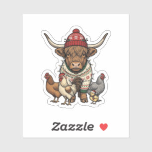 Kerstmis Hoogland Koe en Kippen Vintage Gravure Sticker
