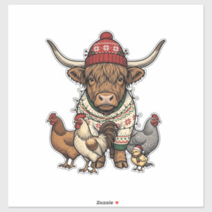Kerstmis Hoogland Koe en Kippen Vintage Gravure Sticker