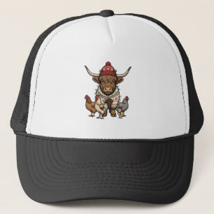 Kerstmis Hoogland Koe en Kippen Vintage Gravure Trucker Pet