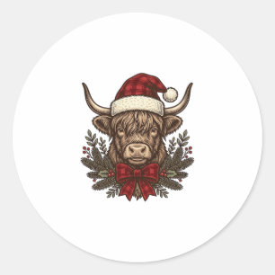 Kerstmis Hoogland Koe Oude Gravure Design_1 Ronde Sticker