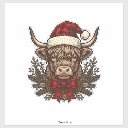 Kerstmis Hoogland Koe Oude Gravure Design_1 Sticker (Vel)