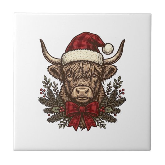 Kerstmis Hoogland Koe Oude Gravure Design_1 Tegeltje (Voorkant)
