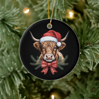 Kerstmis Hoogland Koe Santa Hoed Geruite Boog Kran Keramisch Ornament
