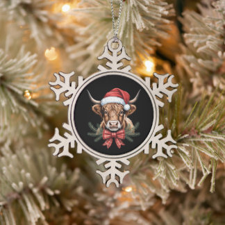 Kerstmis Hoogland Koe Santa Hoed Geruite Boog Kran Tin Sneeuwvlok Ornament