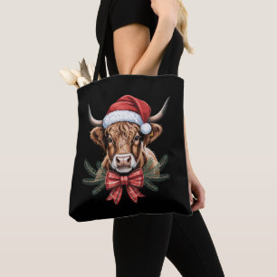 Kerstmis Hoogland Koe Santa Hoed Geruite Boog Kran Tote Bag