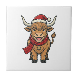 Kerstmis Hoogland Koe Santa Hoed Vector_1 Tegeltje
