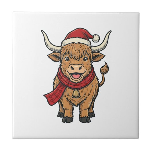 Kerstmis Hoogland Koe Santa Hoed Vector_1 Tegeltje (Voorkant)