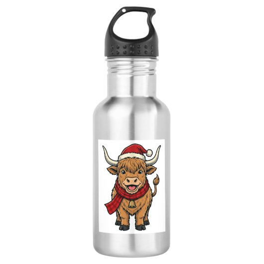Kerstmis Hoogland Koe Santa Hoed Vector_1 Waterfles (Voorkant)