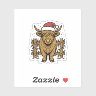 Kerstmis Hoogland Koe Santa Hoed Vintage Gravure Sticker