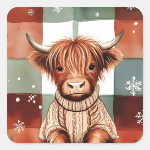 Kerstmis Hoogland Koe Trui Festive Rood Groen Vierkante Sticker